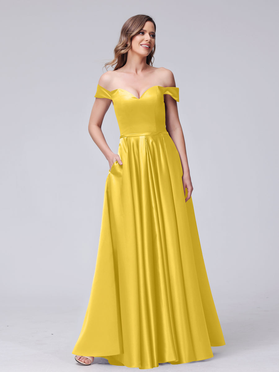 A-Line Off-the-Shoulder Sweetheart Satin Maxi Dresses with Pockets Gold