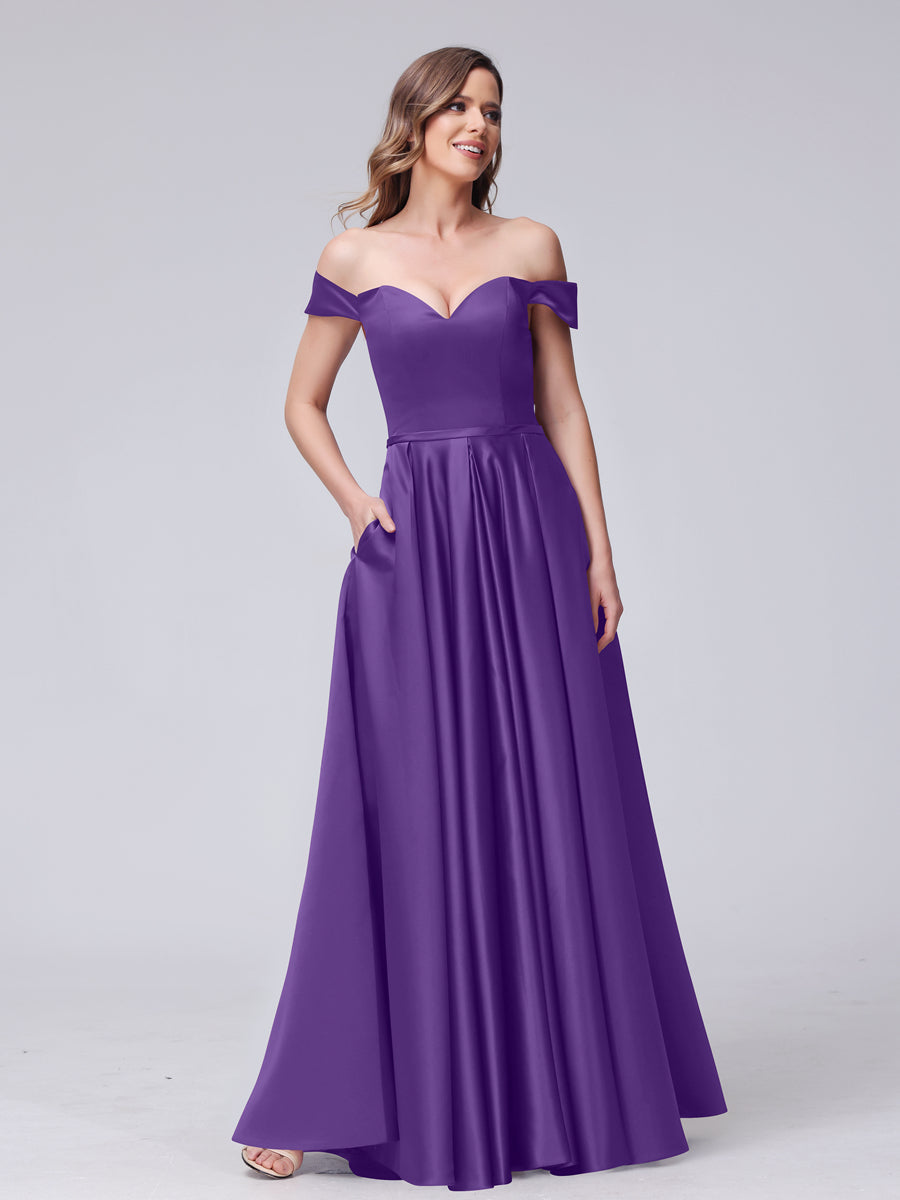 A-Line Off-the-Shoulder Sweetheart Satin Maxi Dresses with Pockets Grape