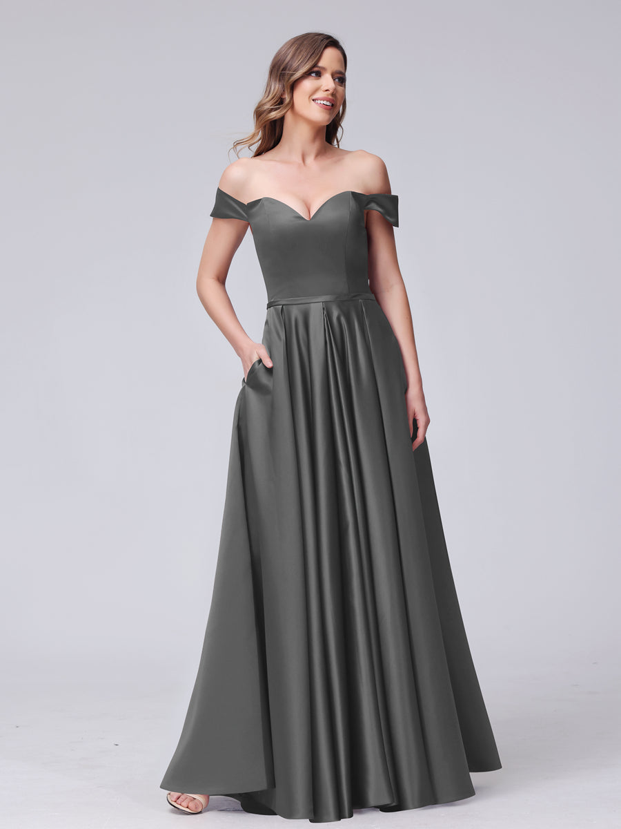 A-Line Off-the-Shoulder Sweetheart Satin Maxi Dresses with Pockets Gray