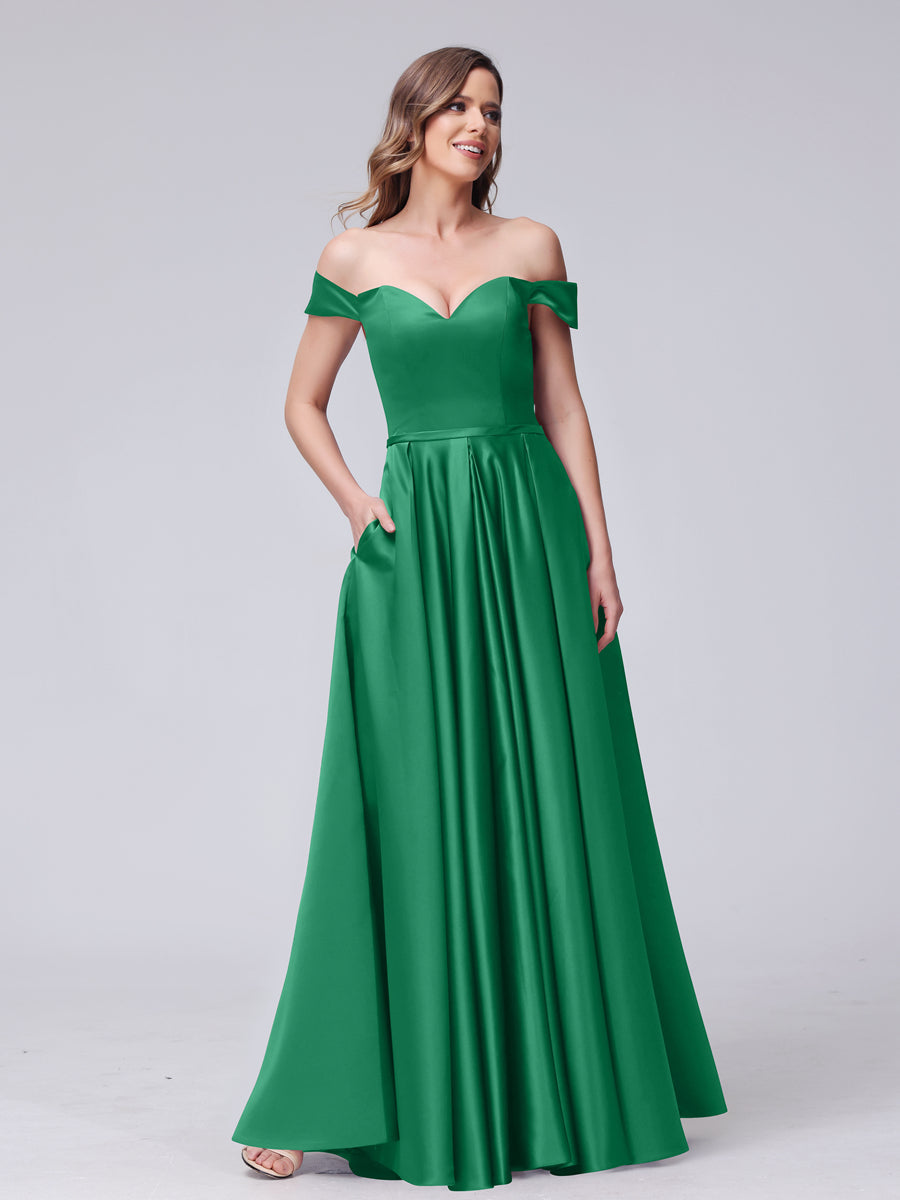 A-Line Off-the-Shoulder Sweetheart Satin Maxi Dresses with Pockets Green