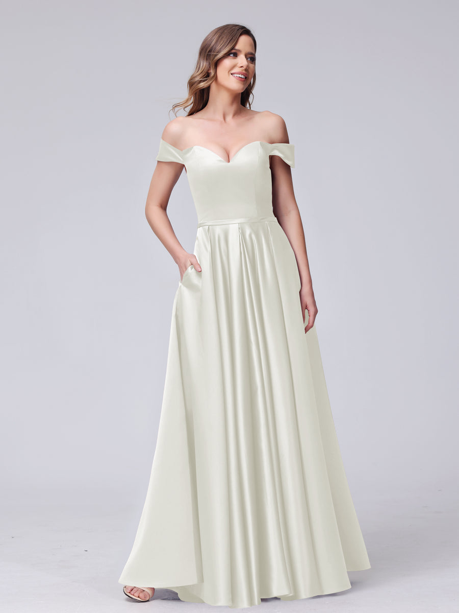 A-Line Off-the-Shoulder Sweetheart Satin Maxi Dresses with Pockets Ivory