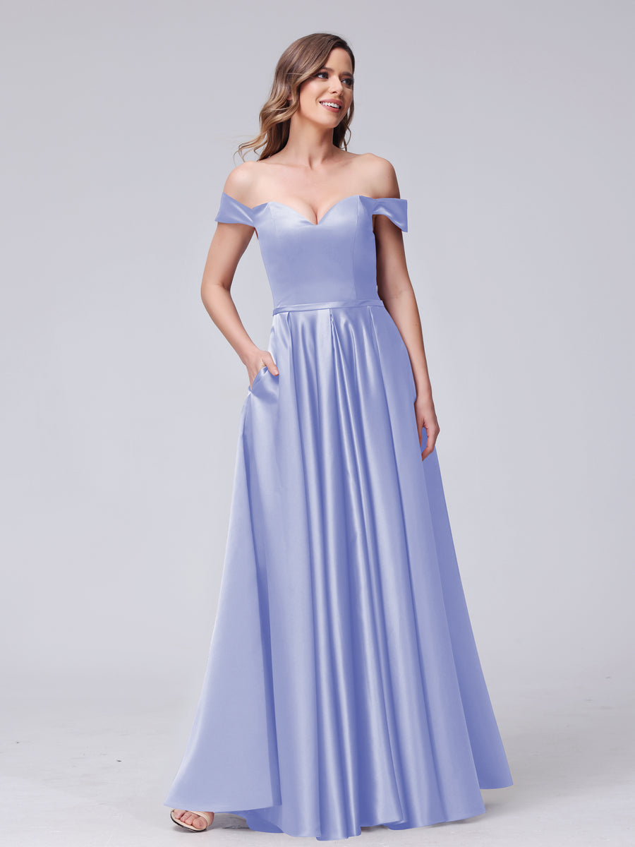 A-Line Off-the-Shoulder Sweetheart Satin Maxi Dresses with Pockets Lavender