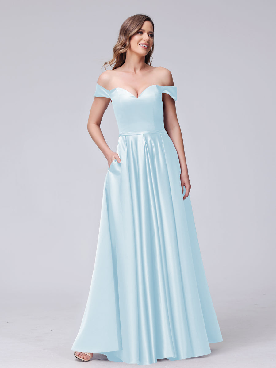 A-Line Off-the-Shoulder Sweetheart Satin Maxi Dresses with Pockets Light Blue