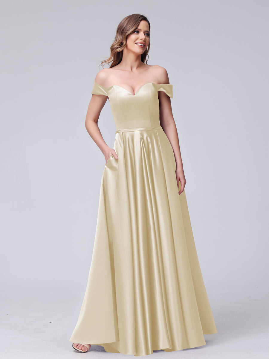 A-Line Off-the-Shoulder Sweetheart Satin Maxi Dresses with Pockets Light Champagne