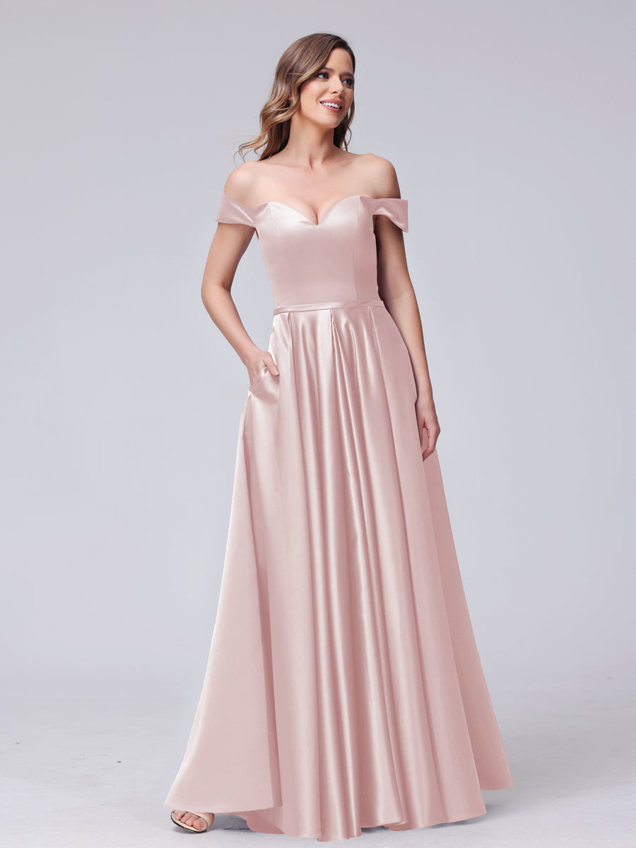 A-Line Off-the-Shoulder Sweetheart Satin Maxi Dresses with Pockets Light Pink