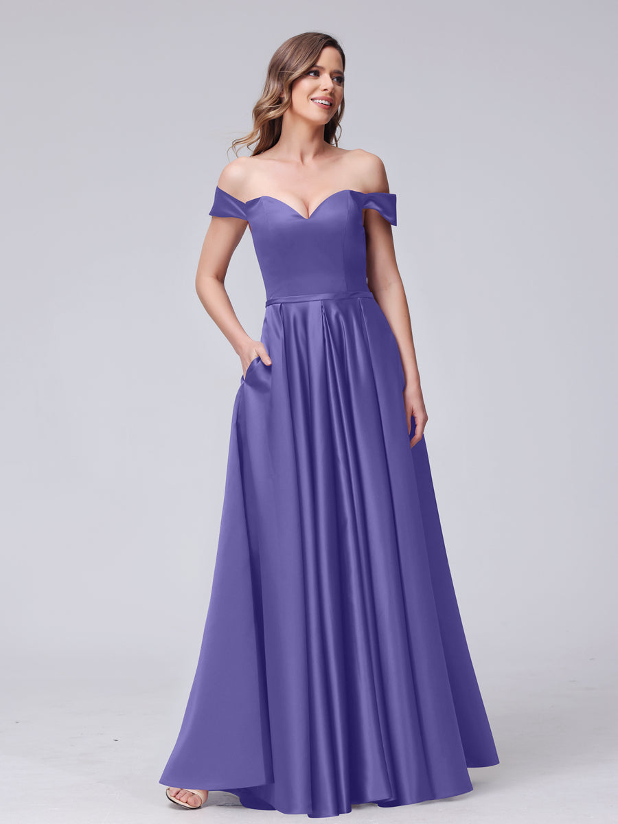 A-Line Off-the-Shoulder Sweetheart Satin Maxi Dresses with Pockets Light Purple