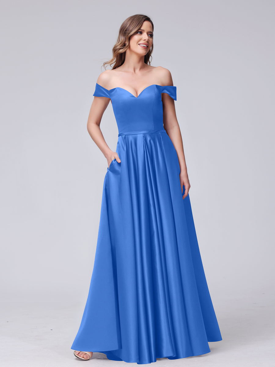 A-Line Off-the-Shoulder Sweetheart Satin Maxi Dresses with Pockets Light Royal Blue