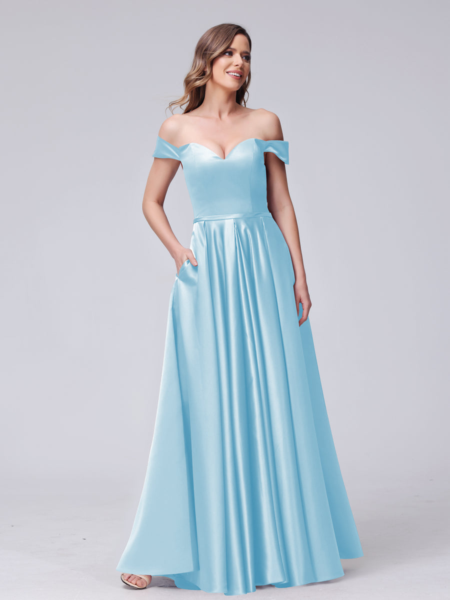 A-Line Off-the-Shoulder Sweetheart Satin Maxi Dresses with Pockets Light Sky Blue