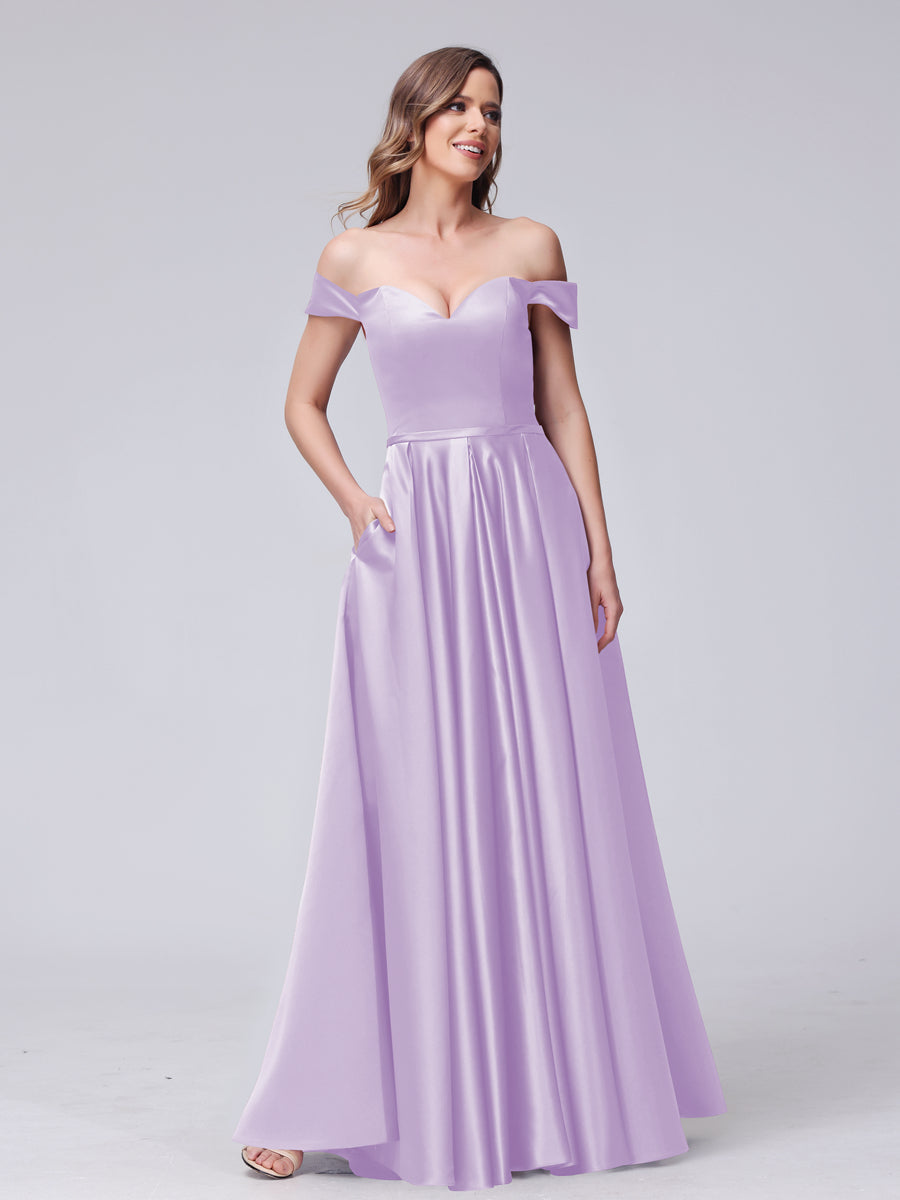 A-Line Off-the-Shoulder Sweetheart Satin Maxi Dresses with Pockets Lilac