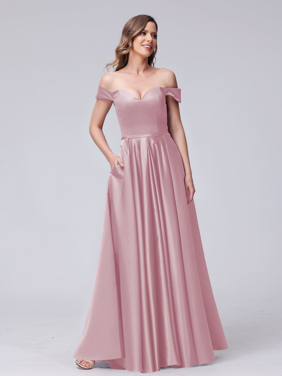 A-Line Off-the-Shoulder Sweetheart Satin Maxi Dresses with Pockets Mauve