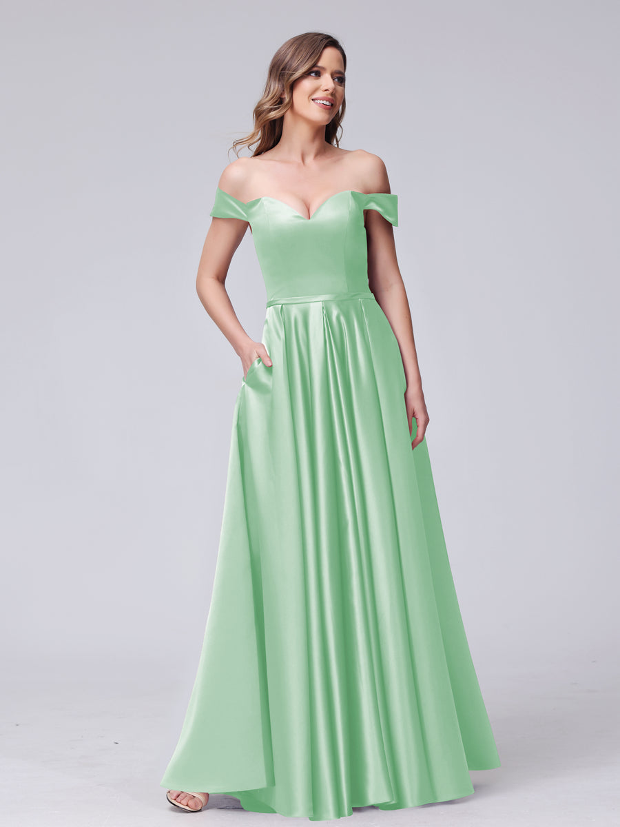 A-Line Off-the-Shoulder Sweetheart Satin Maxi Dresses with Pockets Mint Green
