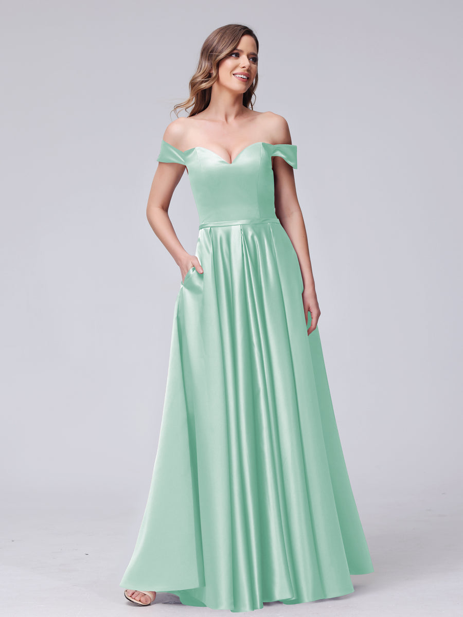 A-Line Off-the-Shoulder Sweetheart Satin Maxi Dresses with Pockets Mist Blue