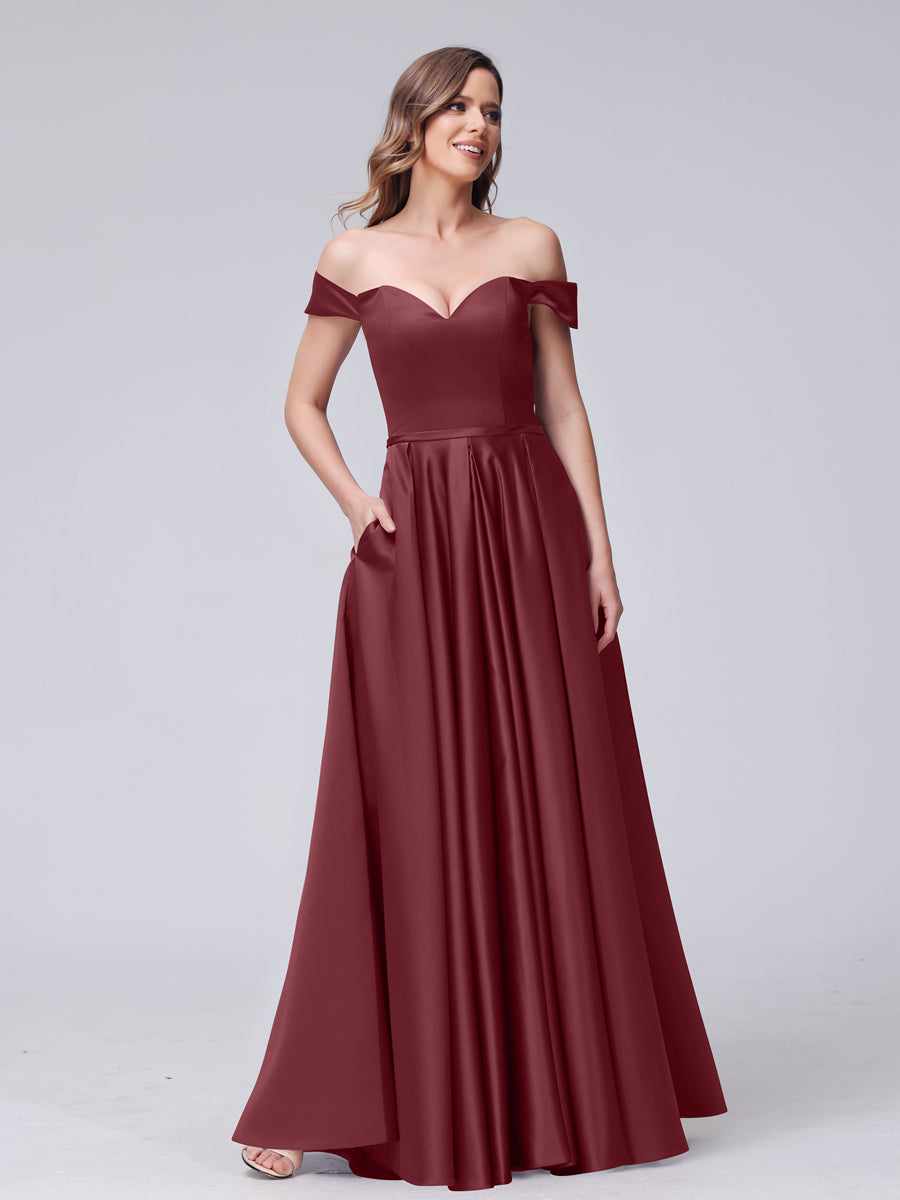 A-Line Off-the-Shoulder Sweetheart Satin Maxi Dresses with Pockets Mulberry