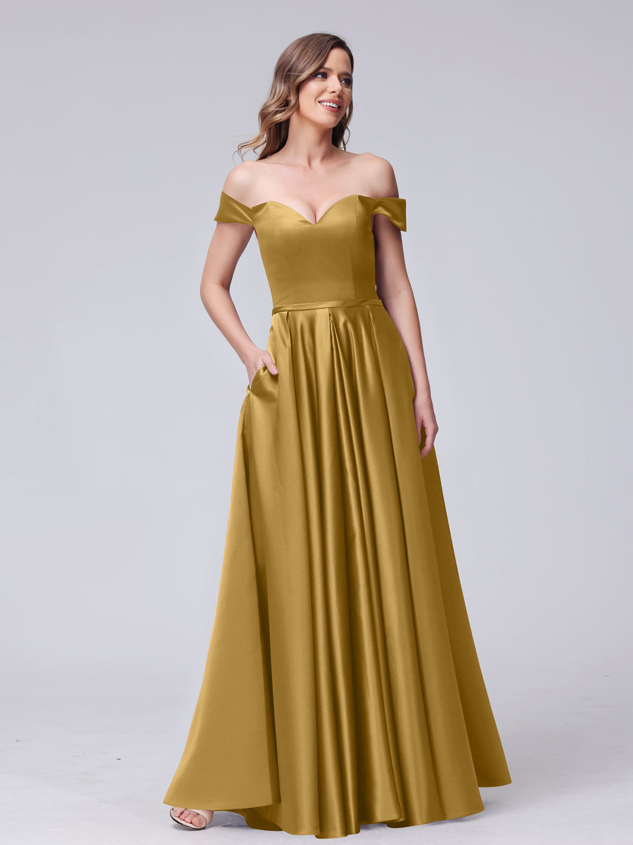 A-Line Off-the-Shoulder Sweetheart Satin Maxi Dresses with Pockets Mustard Yellow