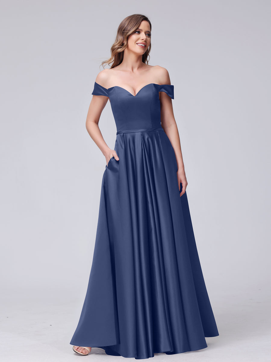 A-Line Off-the-Shoulder Sweetheart Satin Maxi Dresses with Pockets Navy Blue