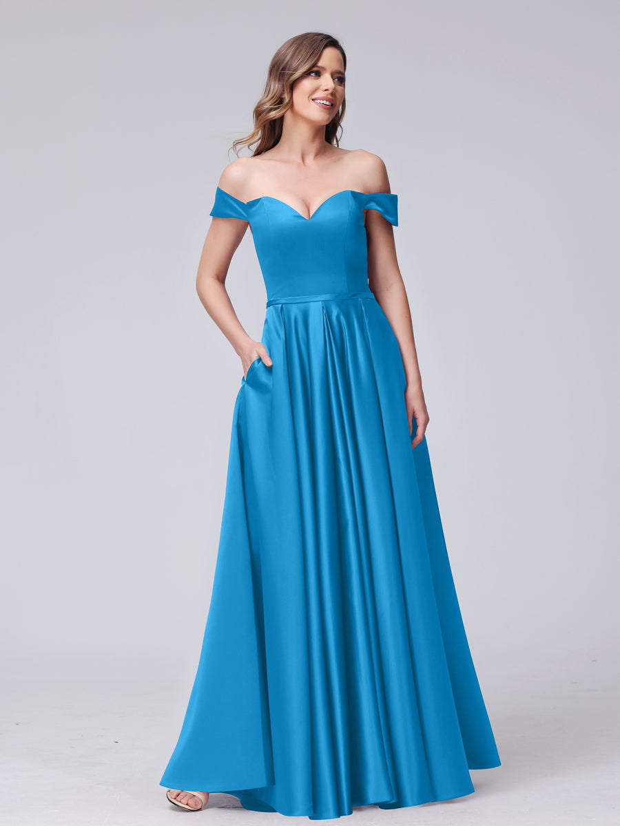 A-Line Off-the-Shoulder Sweetheart Satin Maxi Dresses with Pockets Ocean Blue