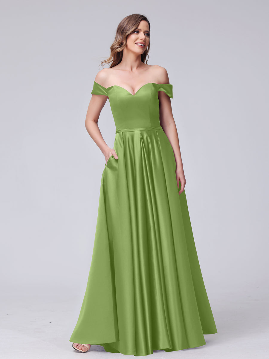A-Line Off-the-Shoulder Sweetheart Satin Maxi Dresses with Pockets Olive Green