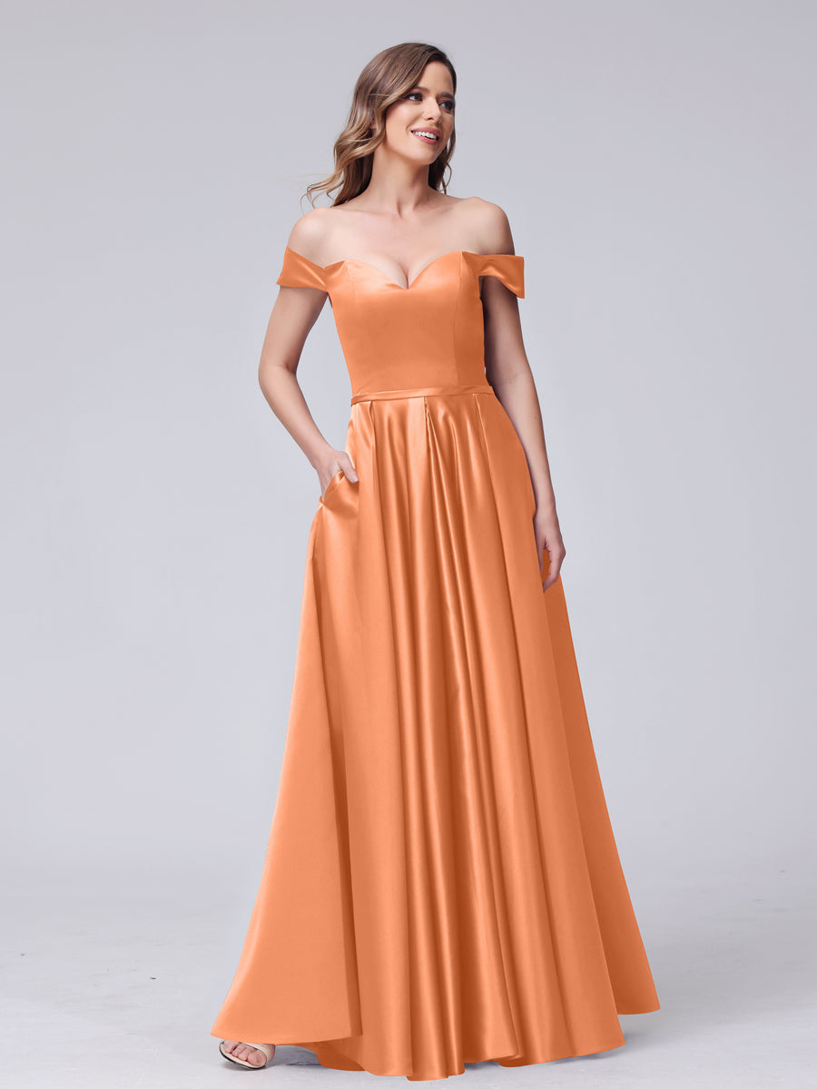 A-Line Off-the-Shoulder Sweetheart Satin Maxi Dresses with Pockets Orange