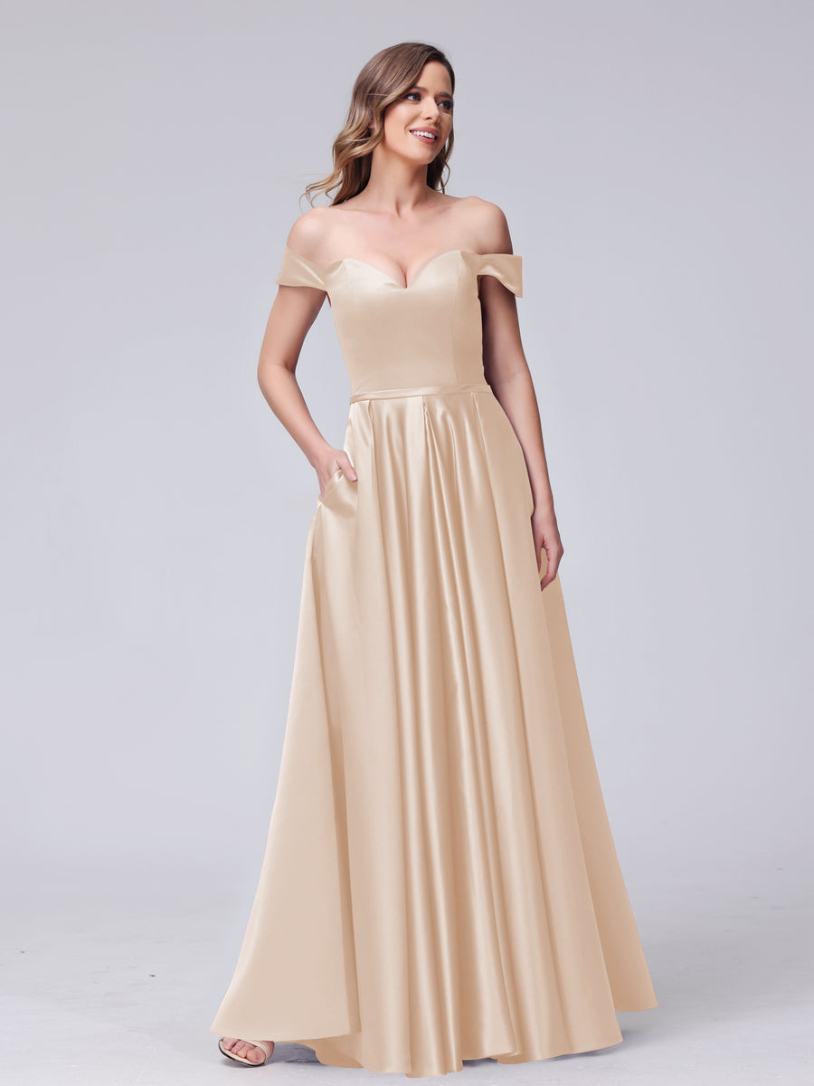 A-Line Off-the-Shoulder Sweetheart Satin Maxi Dresses with Pockets Peach Pink