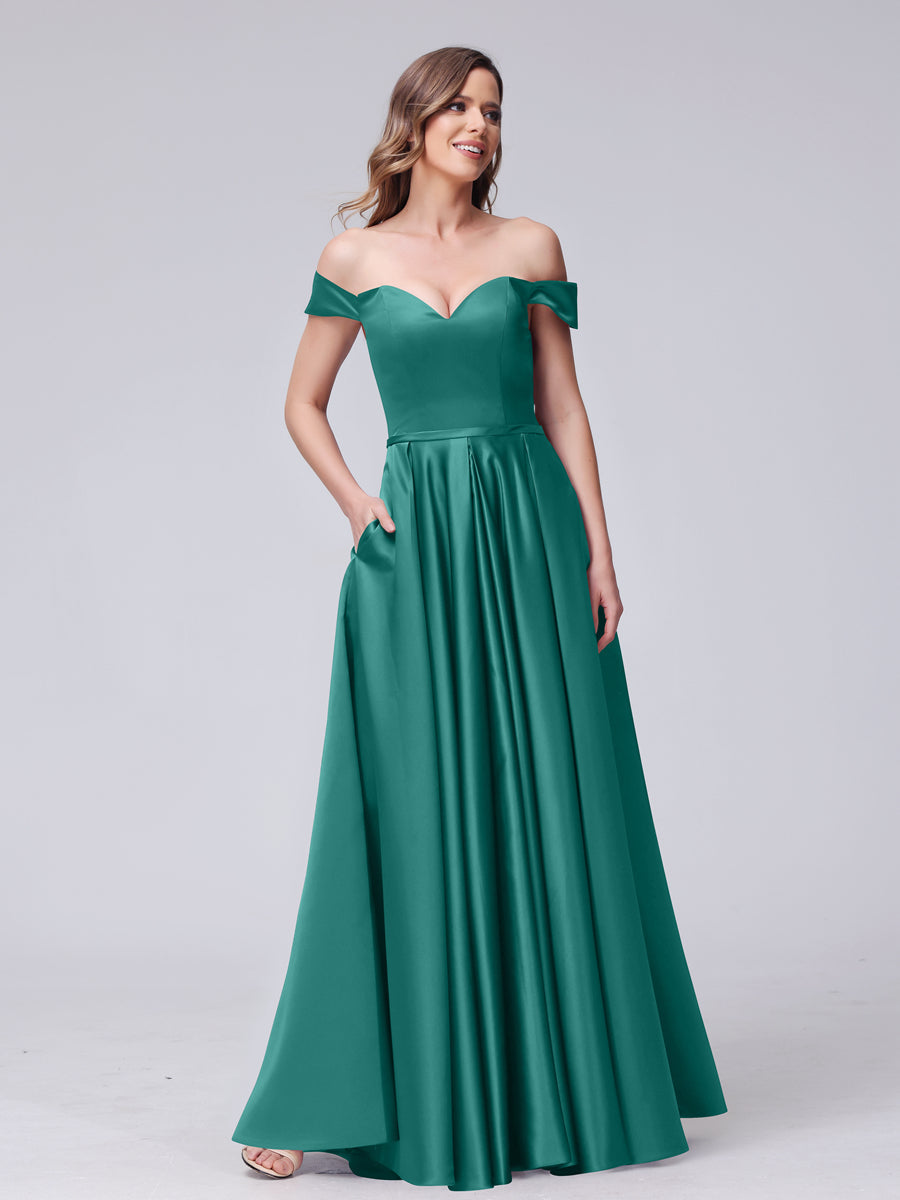 A-Line Off-the-Shoulder Sweetheart Satin Maxi Dresses with Pockets Peacock