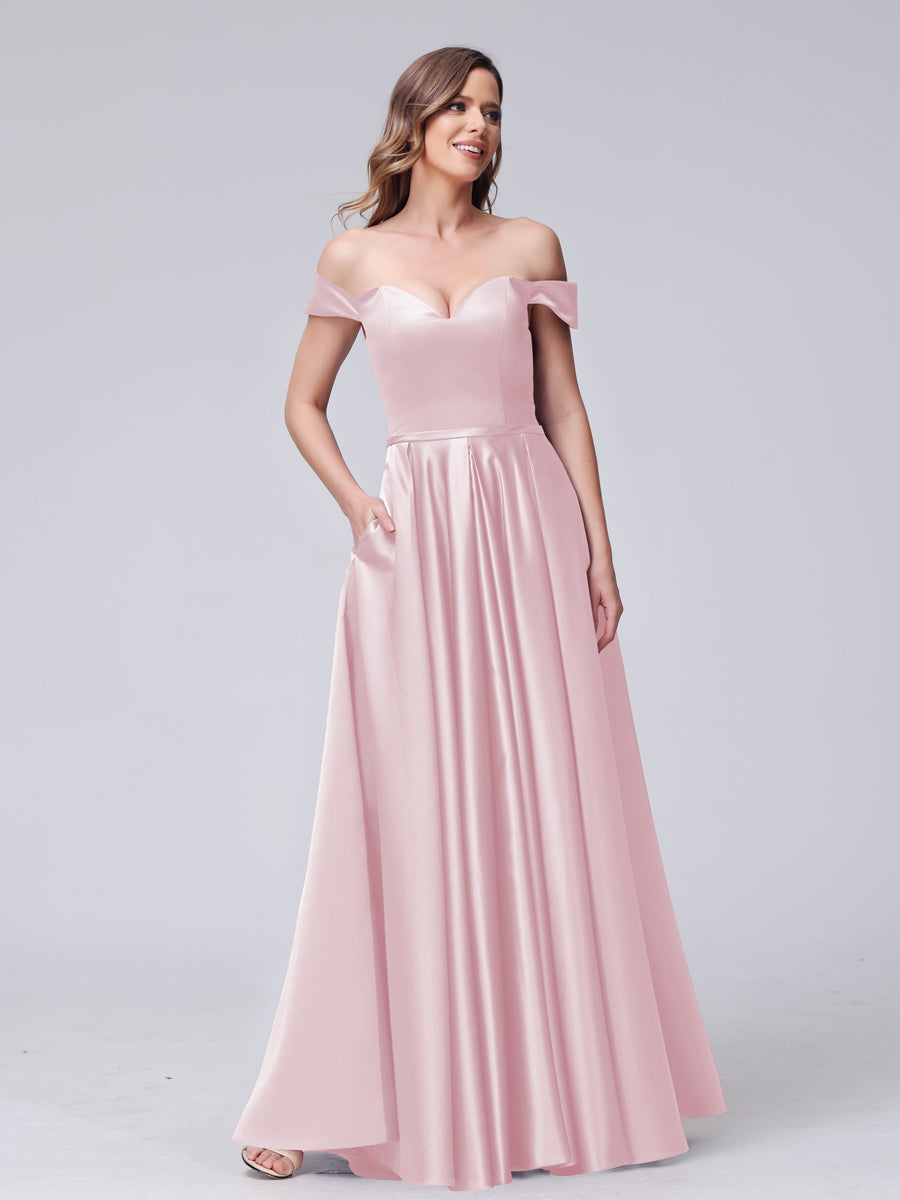 A-Line Off-the-Shoulder Sweetheart Satin Maxi Dresses with Pockets Pink
