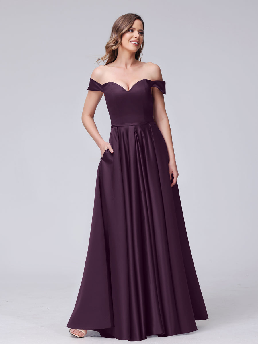 A-Line Off-the-Shoulder Sweetheart Satin Maxi Dresses with Pockets Plum