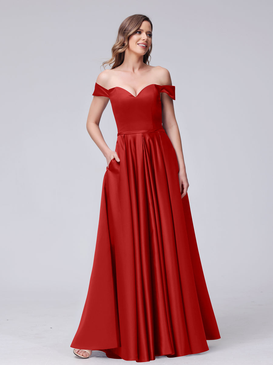 A-Line Off-the-Shoulder Sweetheart Satin Maxi Dresses with Pockets Red