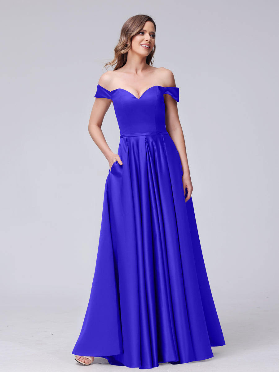 A-Line Off-the-Shoulder Sweetheart Satin Maxi Dresses with Pockets Royal Blue