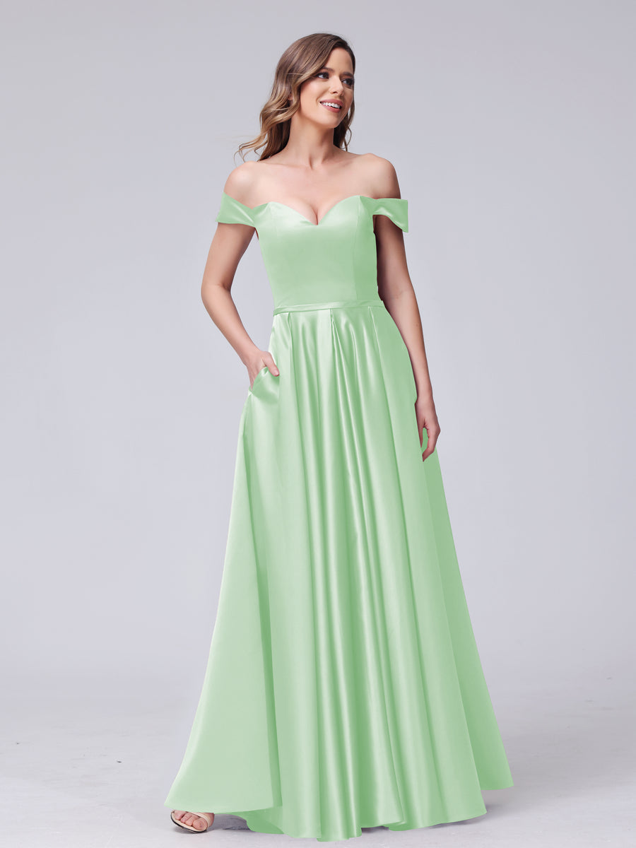 A-Line Off-the-Shoulder Sweetheart Satin Maxi Dresses with Pockets Sage