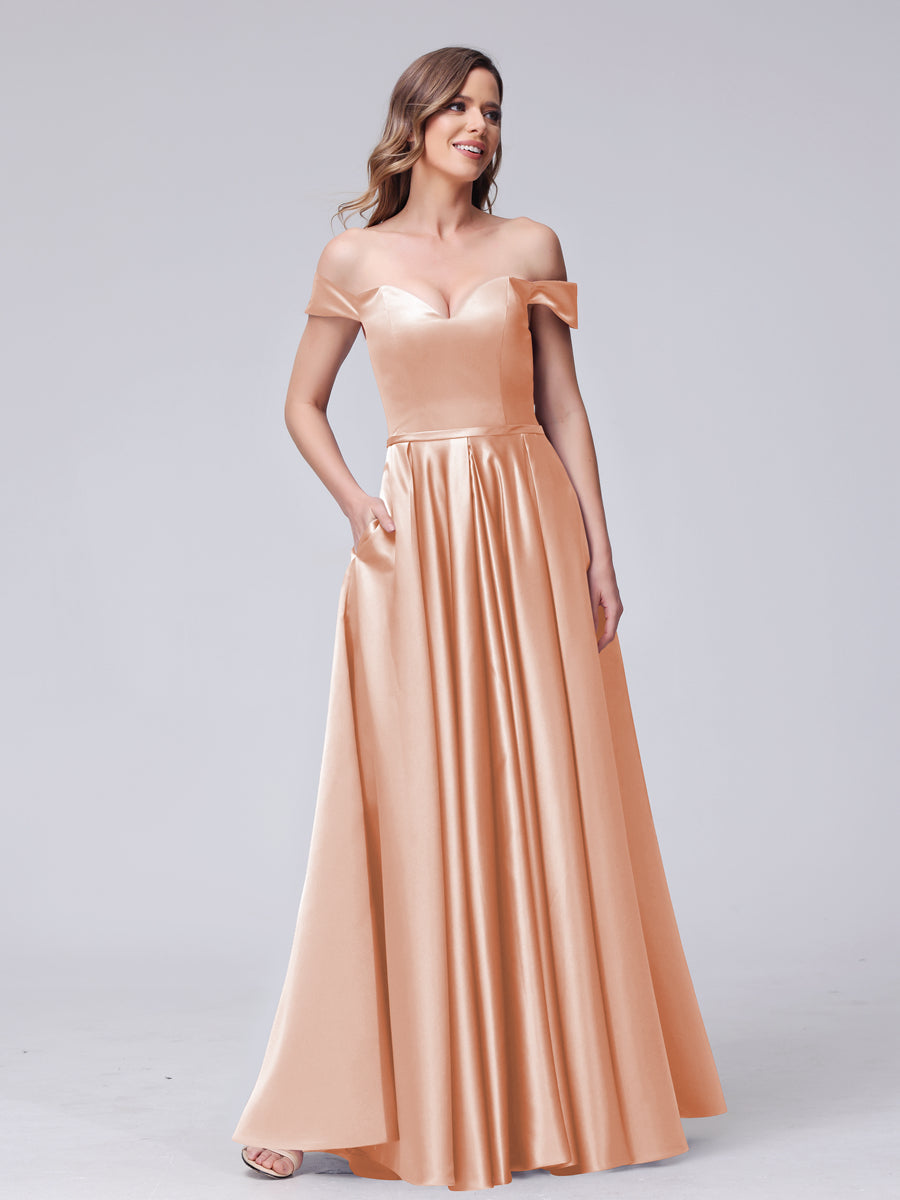 A-Line Off-the-Shoulder Sweetheart Satin Maxi Dresses with Pockets Salmon