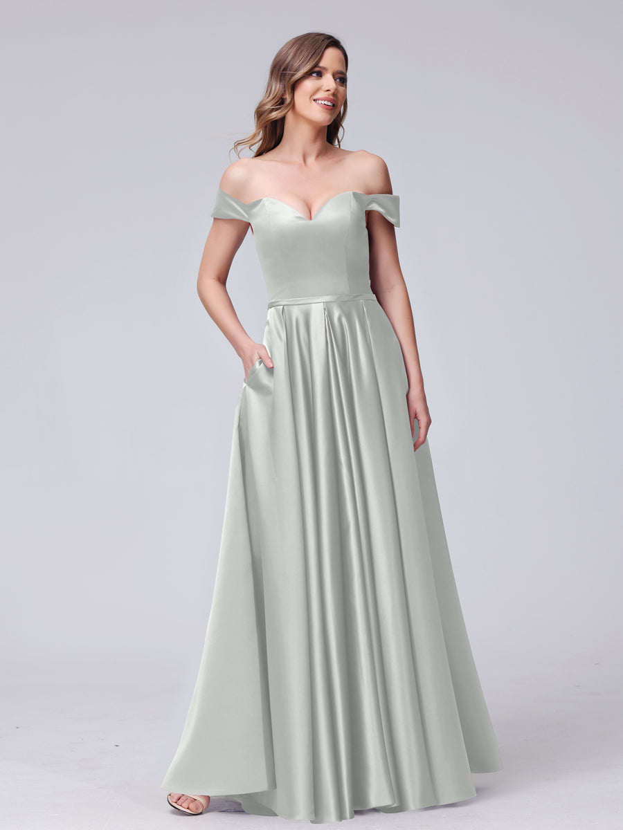 A-Line Off-the-Shoulder Sweetheart Satin Maxi Dresses with Pockets Silver