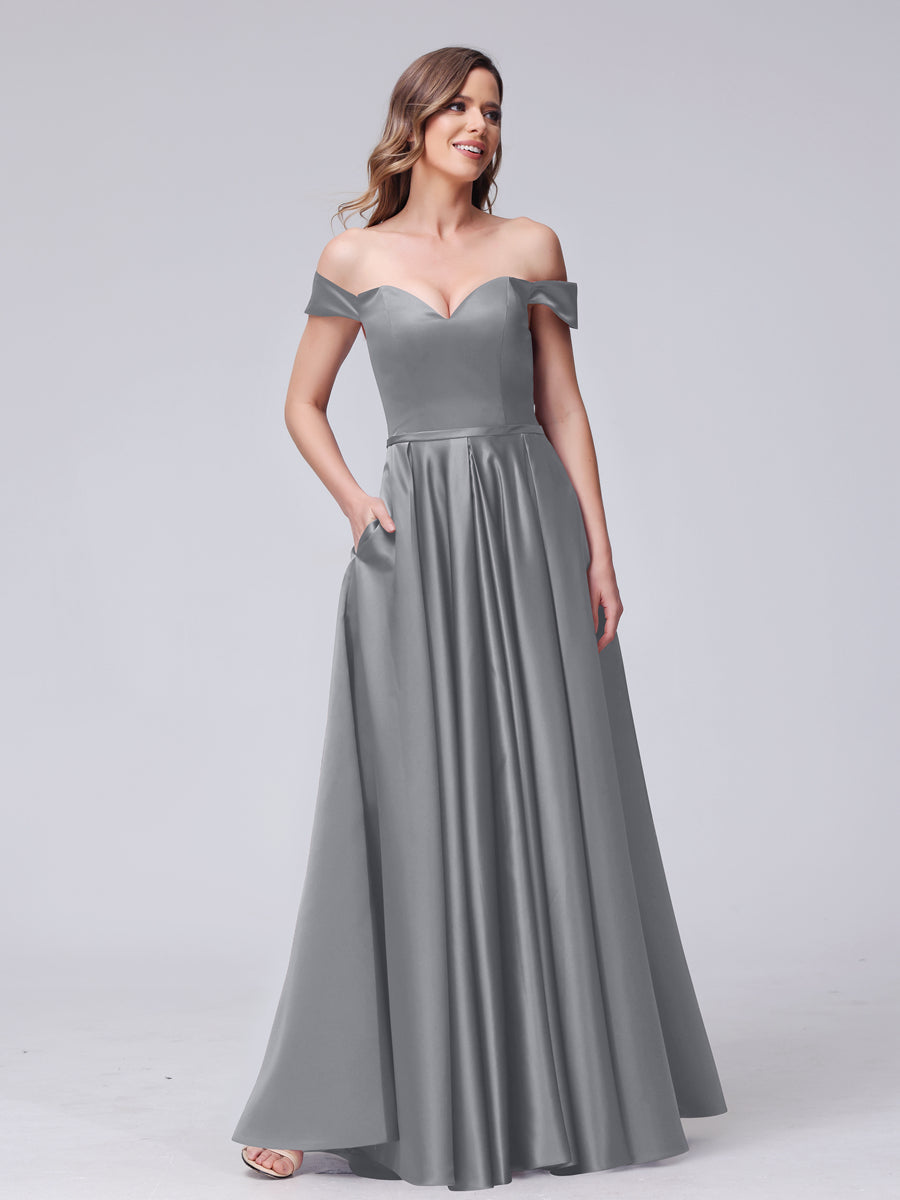 A-Line Off-the-Shoulder Sweetheart Satin Maxi Dresses with Pockets Silver Gray