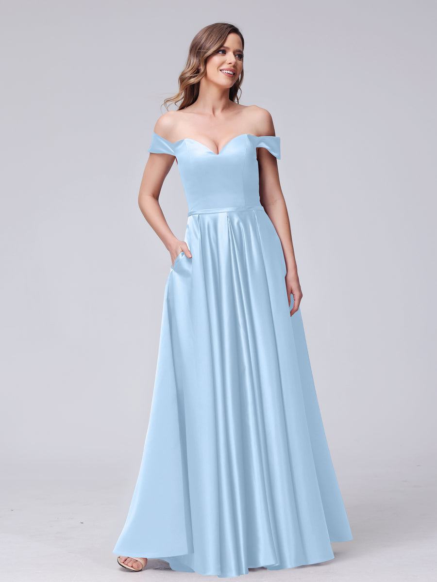 A-Line Off-the-Shoulder Sweetheart Satin Maxi Dresses with Pockets Sky Blue