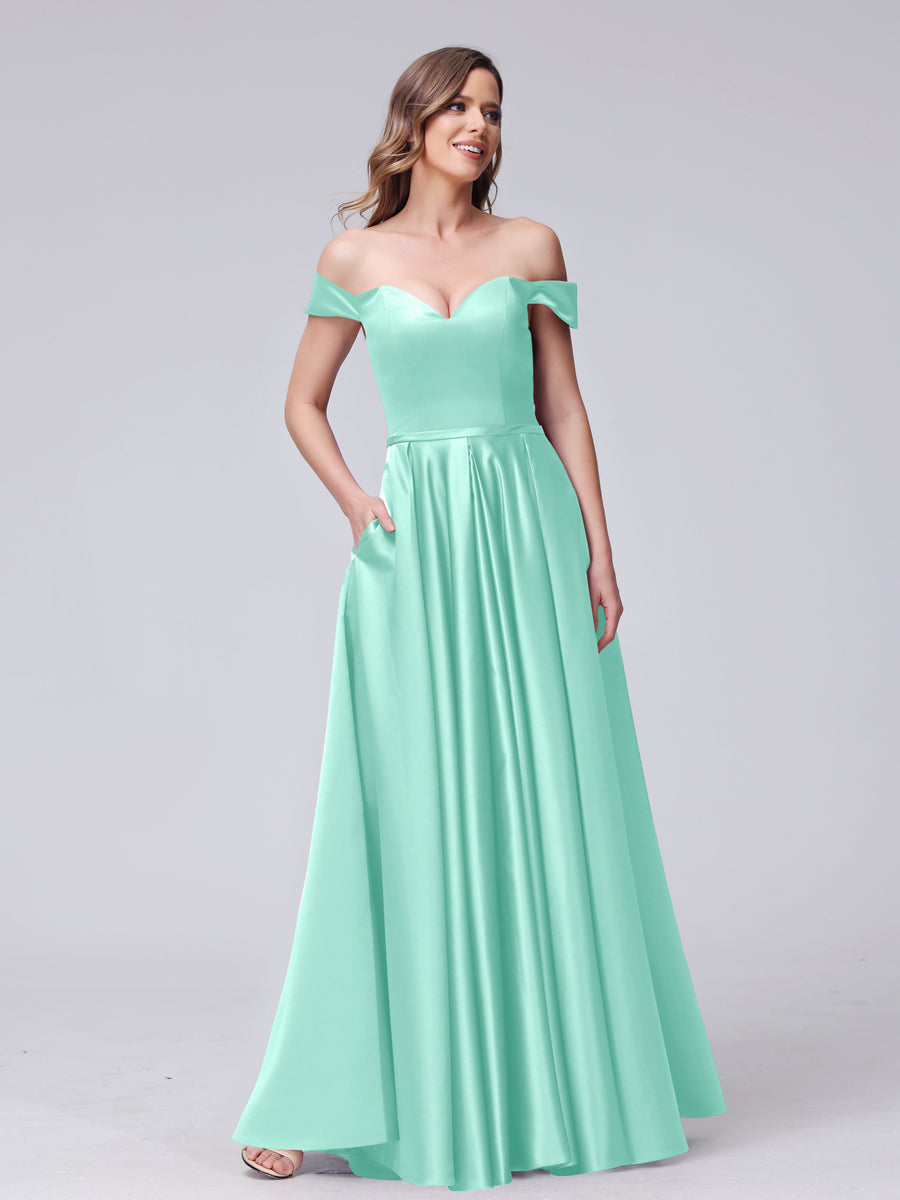 A-Line Off-the-Shoulder Sweetheart Satin Maxi Dresses with Pockets Spa