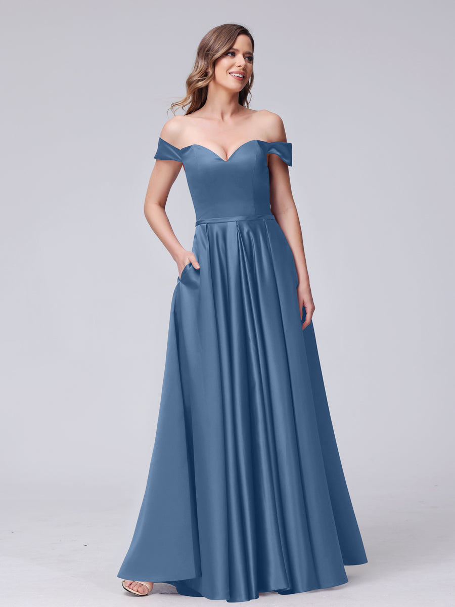 A-Line Off-the-Shoulder Sweetheart Satin Maxi Dresses with Pockets Steel Blue