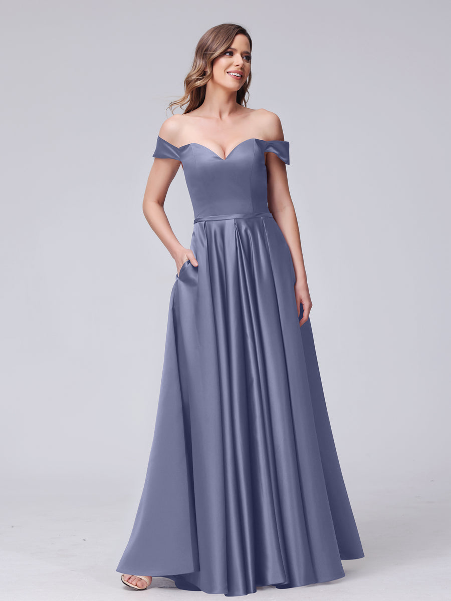 A-Line Off-the-Shoulder Sweetheart Satin Maxi Dresses with Pockets Stormy Blue