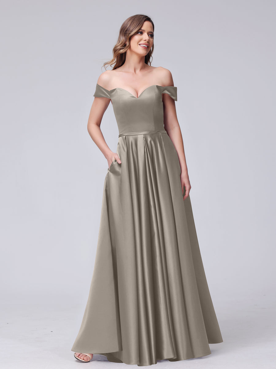 A-Line Off-the-Shoulder Sweetheart Satin Maxi Dresses with Pockets Taupe