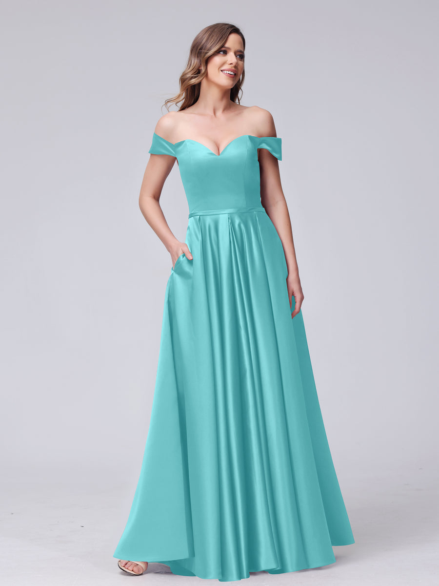 A-Line Off-the-Shoulder Sweetheart Satin Maxi Dresses with Pockets Turquoise