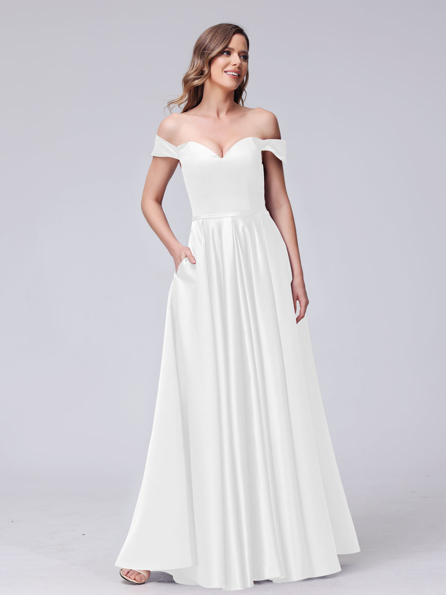 A-Line Off-the-Shoulder Sweetheart Satin Maxi Dresses with Pockets White
