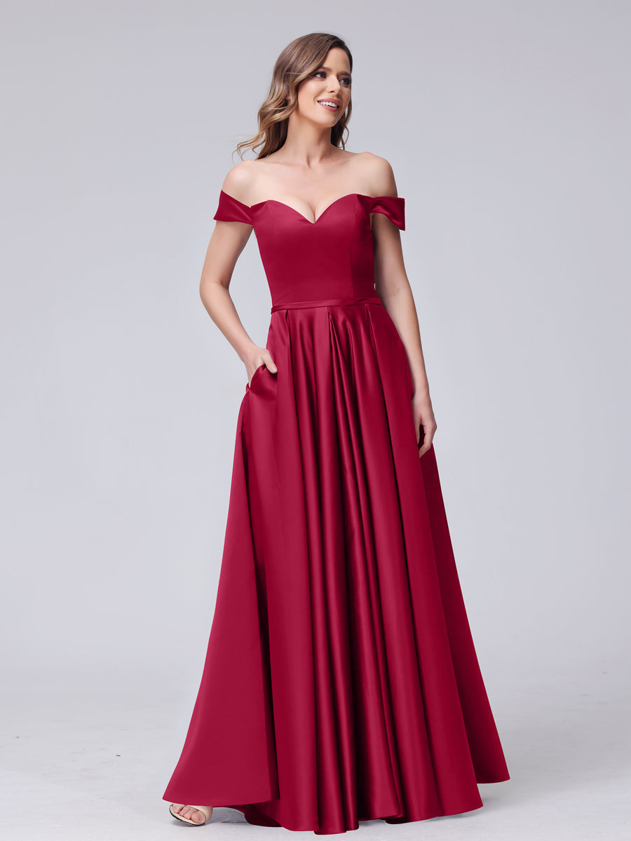 A-Line Off-the-Shoulder Sweetheart Satin Maxi Dresses with Pockets Wine Red