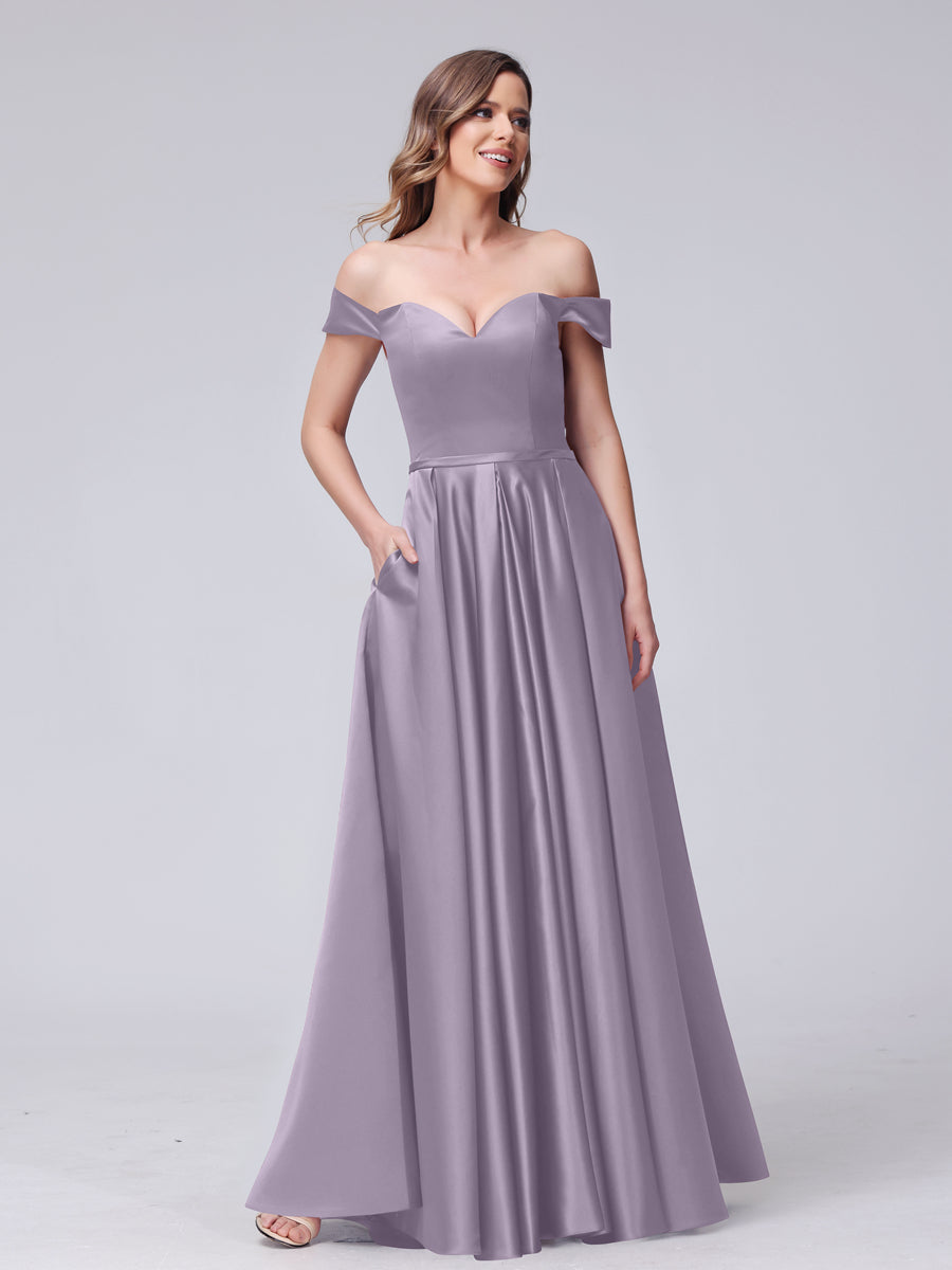 A-Line Off-the-Shoulder Sweetheart Satin Maxi Dresses with Pockets Wisteria