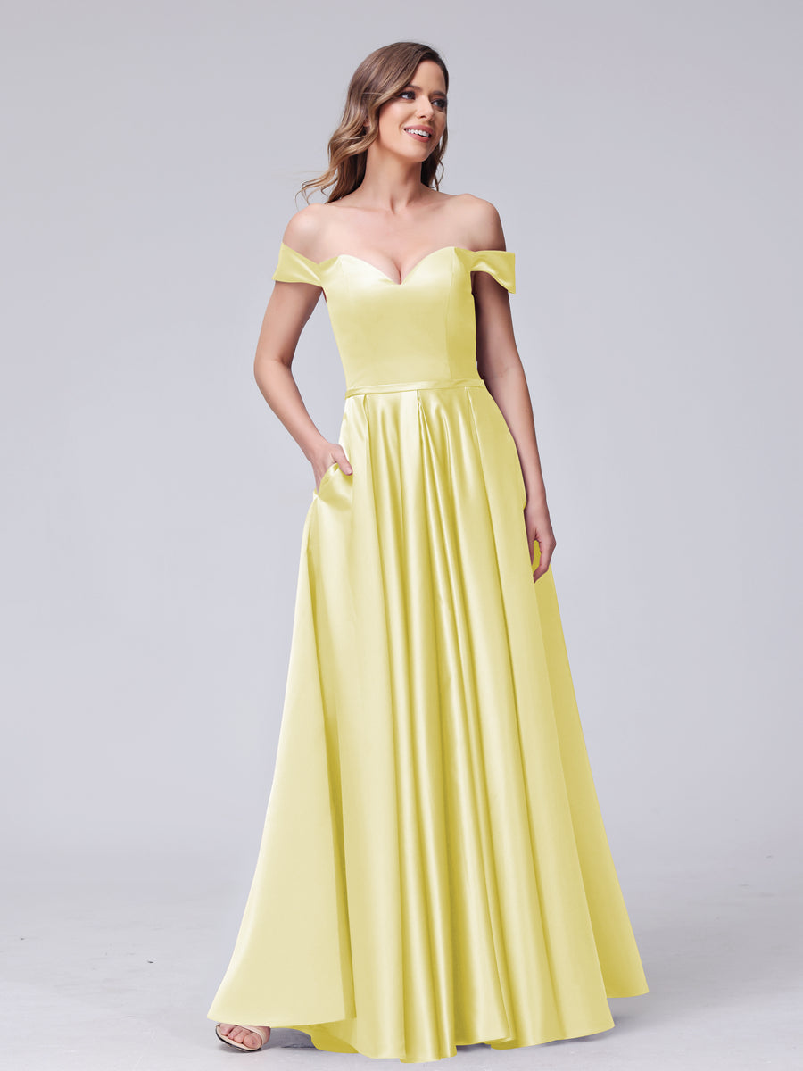 A-Line Off-the-Shoulder Sweetheart Satin Maxi Dresses with Pockets Yellow