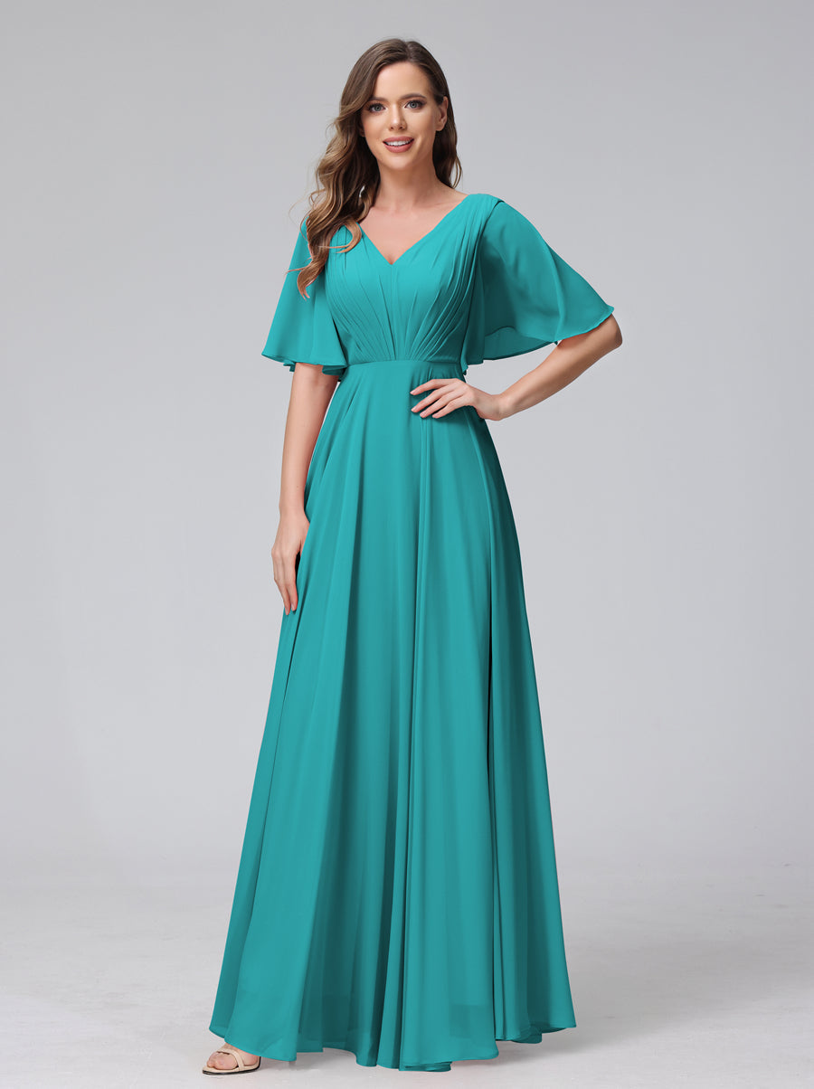 A-Line V-Neck Half Sleeves Long Chiffon Bridesmaid Dresses With Ruffles Pockets Aqua Blue