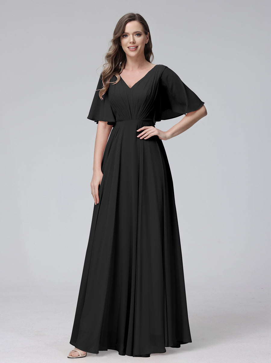 A-Line V-Neck Half Sleeves Long Chiffon Bridesmaid Dresses With Ruffles Pockets Black