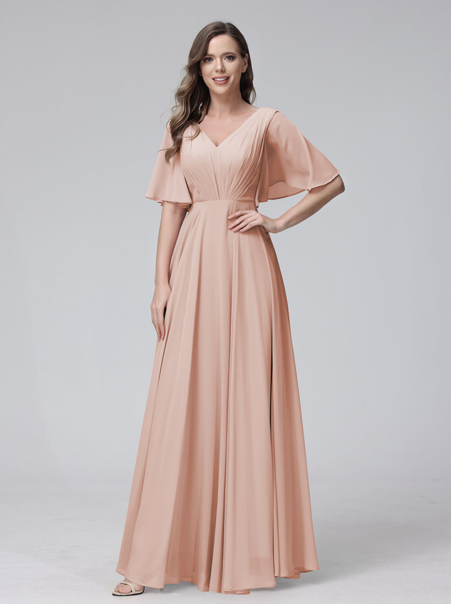 A-Line V-Neck Half Sleeves Long Chiffon Bridesmaid Dresses With Ruffles Pockets Blush Pink