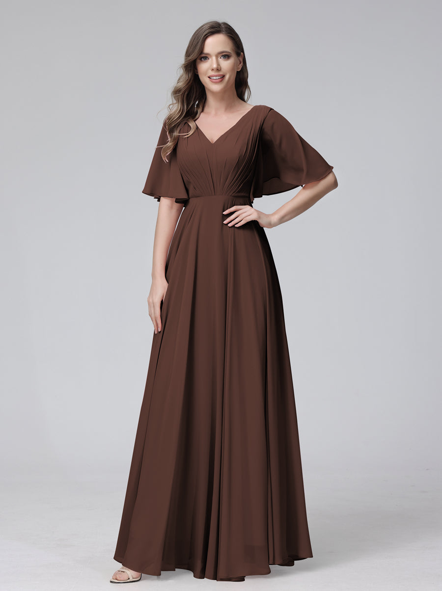 A-Line V-Neck Half Sleeves Long Chiffon Bridesmaid Dresses With Ruffles Pockets Brown