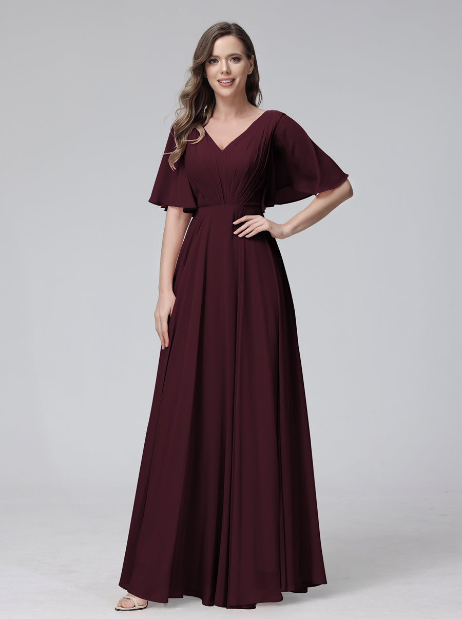 A-Line V-Neck Half Sleeves Long Chiffon Bridesmaid Dresses With Ruffles Pockets Burgundy