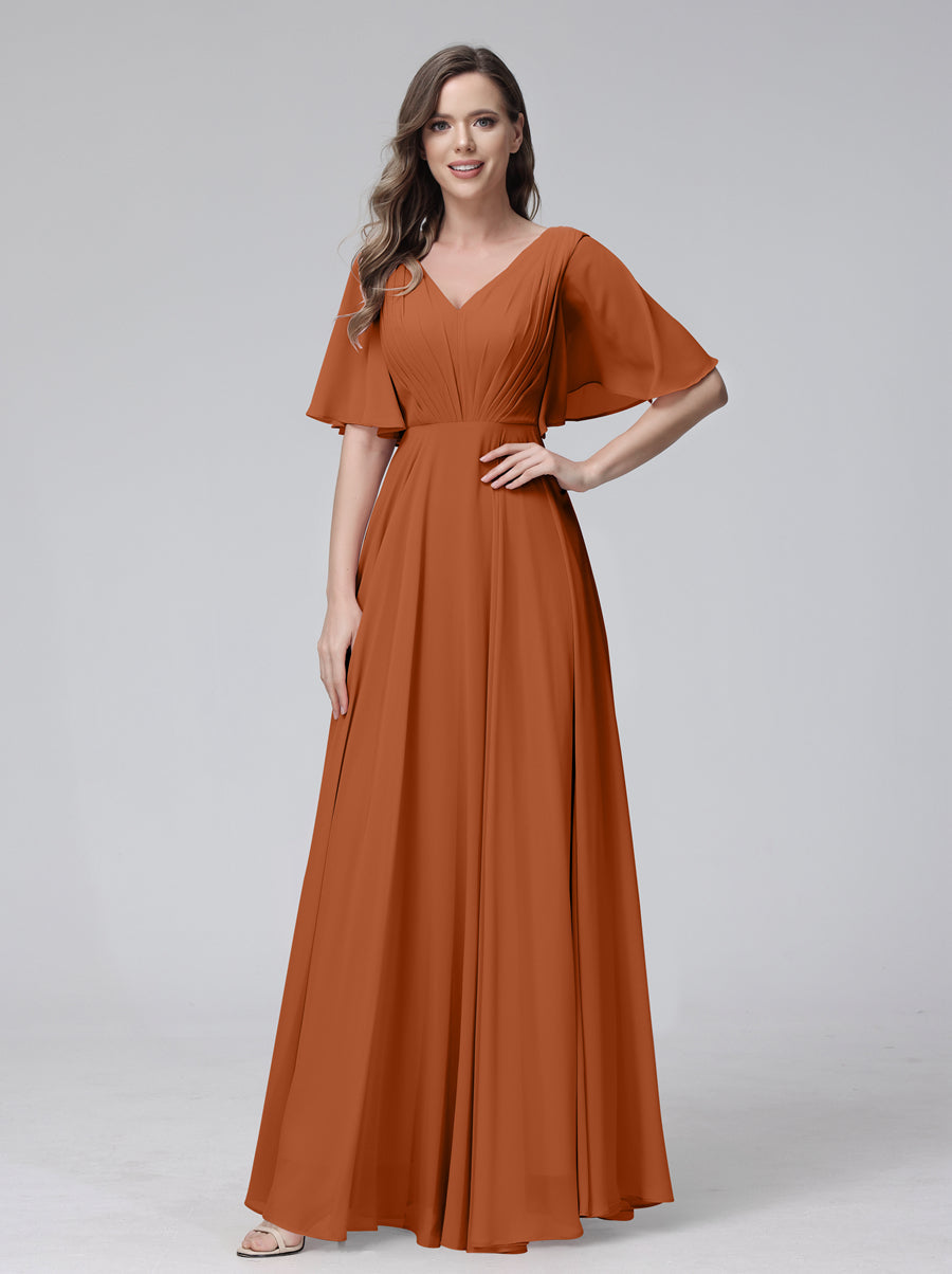 A-Line V-Neck Half Sleeves Long Chiffon Bridesmaid Dresses With Ruffles Pockets Burnt Orange