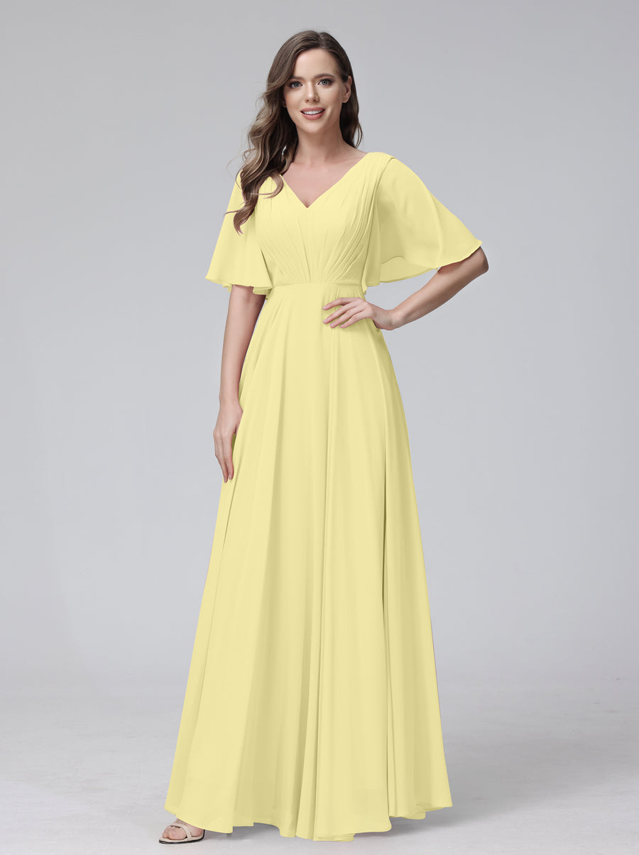 A-Line V-Neck Half Sleeves Long Chiffon Bridesmaid Dresses With Ruffles Pockets Canary