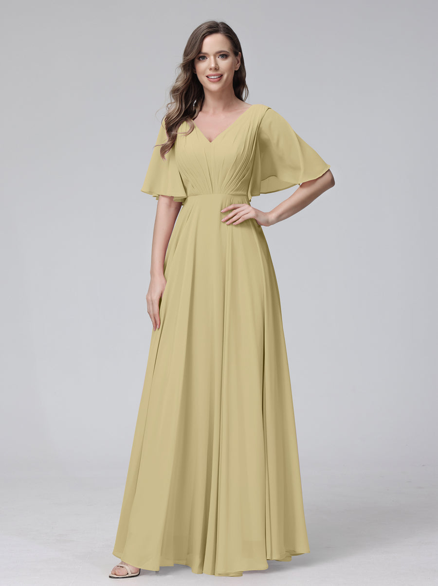 A-Line V-Neck Half Sleeves Long Chiffon Bridesmaid Dresses With Ruffles Pockets Champagne